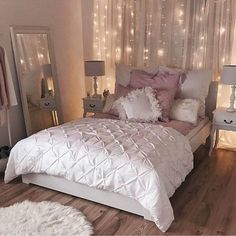 Simple Bedroom Ideas romantic bedroom inspiration | sophisticated white and pink bedroom |  string light backdrop LCQDAQE