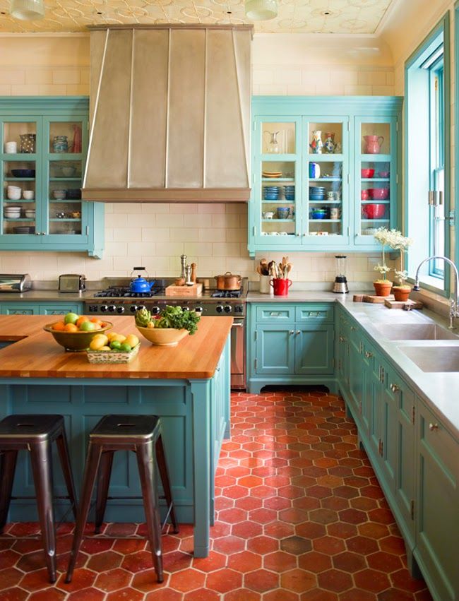 colorful kitchen turquoise is a #homegoodshappy hue! love this kitchen designed by sawyer | KNMAKRZ