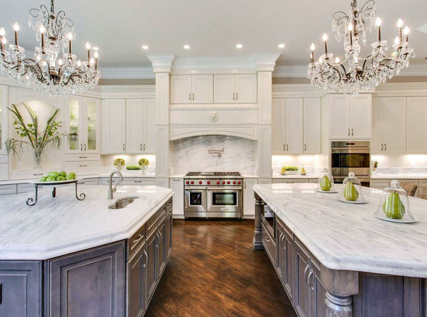 kitchen ideas with marble countertops beautiful kitchen with white cabinets two islands two chandeliers and  carrara marble RIYCMHZ