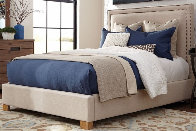Madeleine II Beige Upholstered Queen Bed With Nailhead Trim