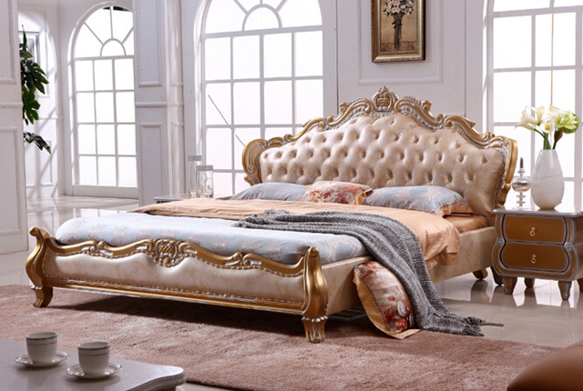 European style king size golden color Leather beds bedroom furniture