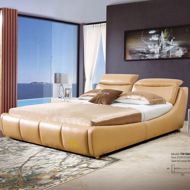 Orange double beds modern royal genuine leather bed with bedside