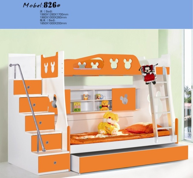 MDF Panels Children Bed Full New Bunk Bed with Stairs Orange Colour