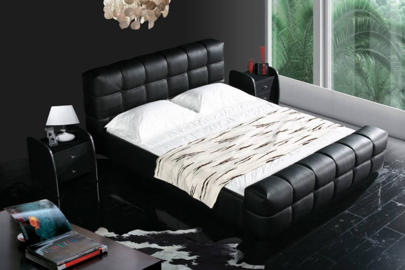 black color real genuine leather bed / soft bed/double bed king size