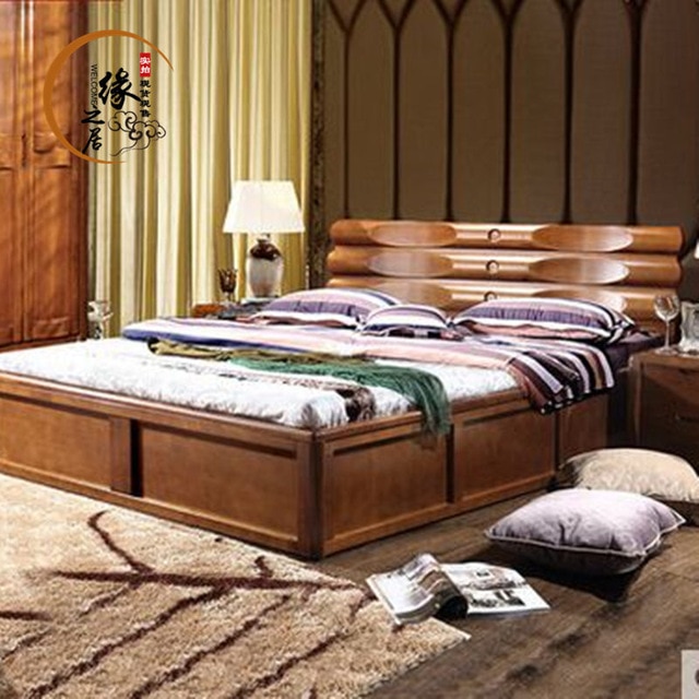 New Chinese Ash solid wood bed 1.8 meters high Chinese wooden box