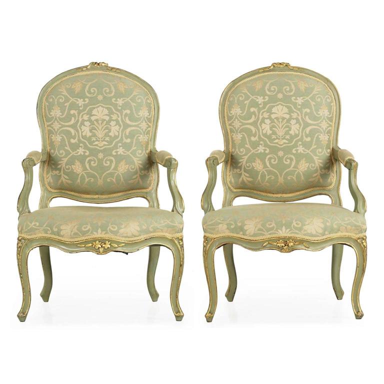 Pair of French Louis XV Style Green Painted Antique Armchairs, 19th Century  For Sale