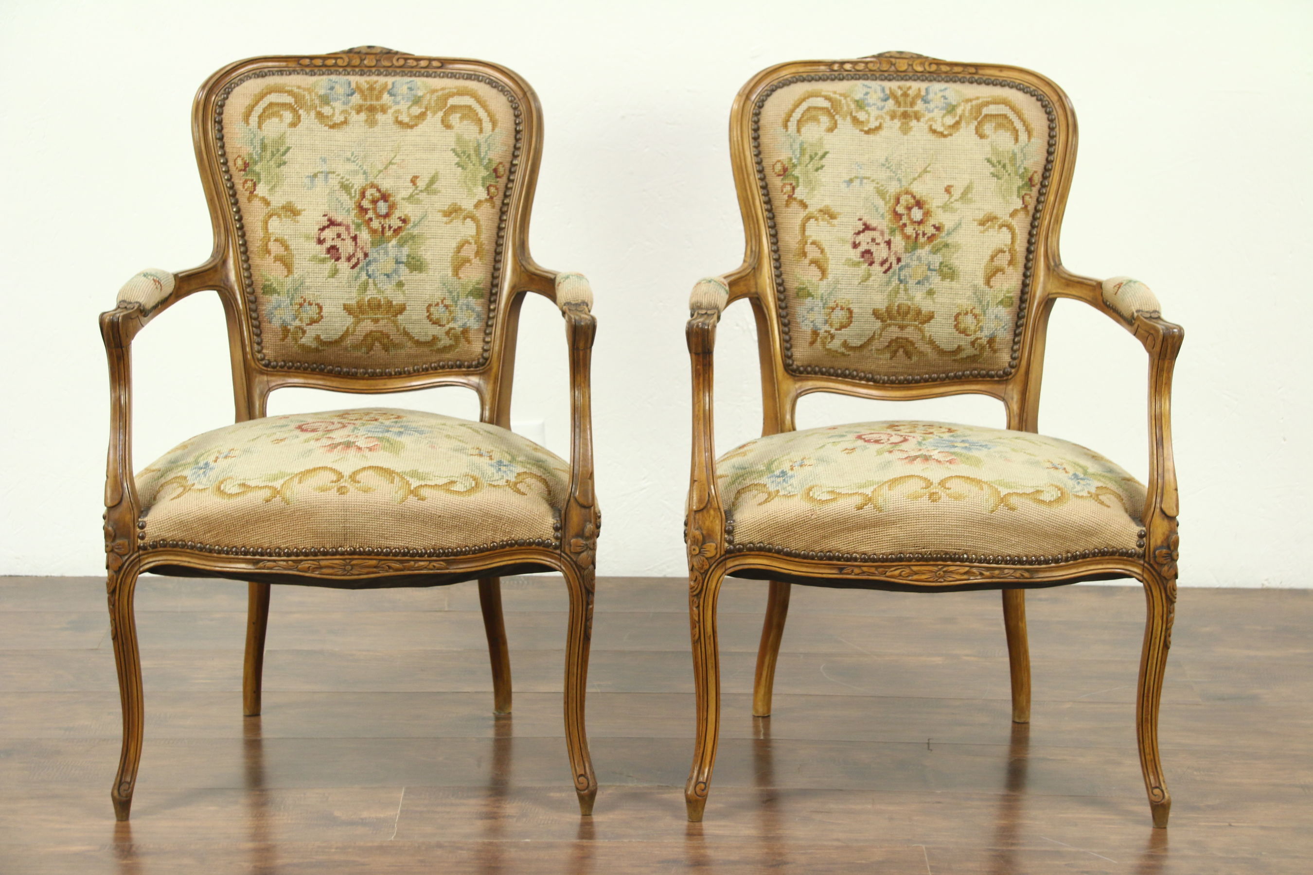 Pair of Carved French 1925 Antique Chairs, Needlepoint Upholstery - Harp  Gallery