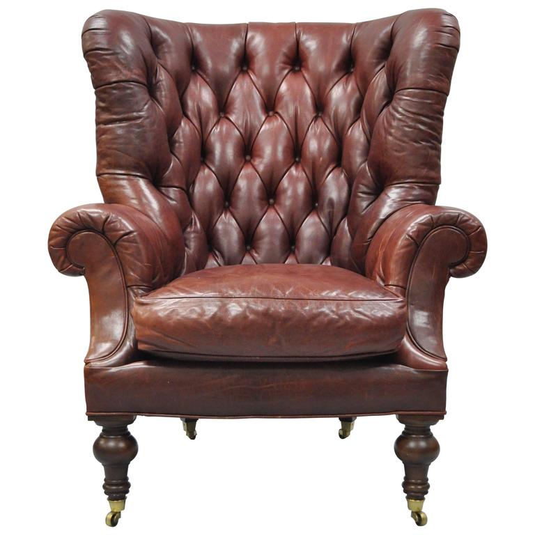 Oversized Lillian August Brown Tufted Leather English Chesterfield Wing  Chair For Sale