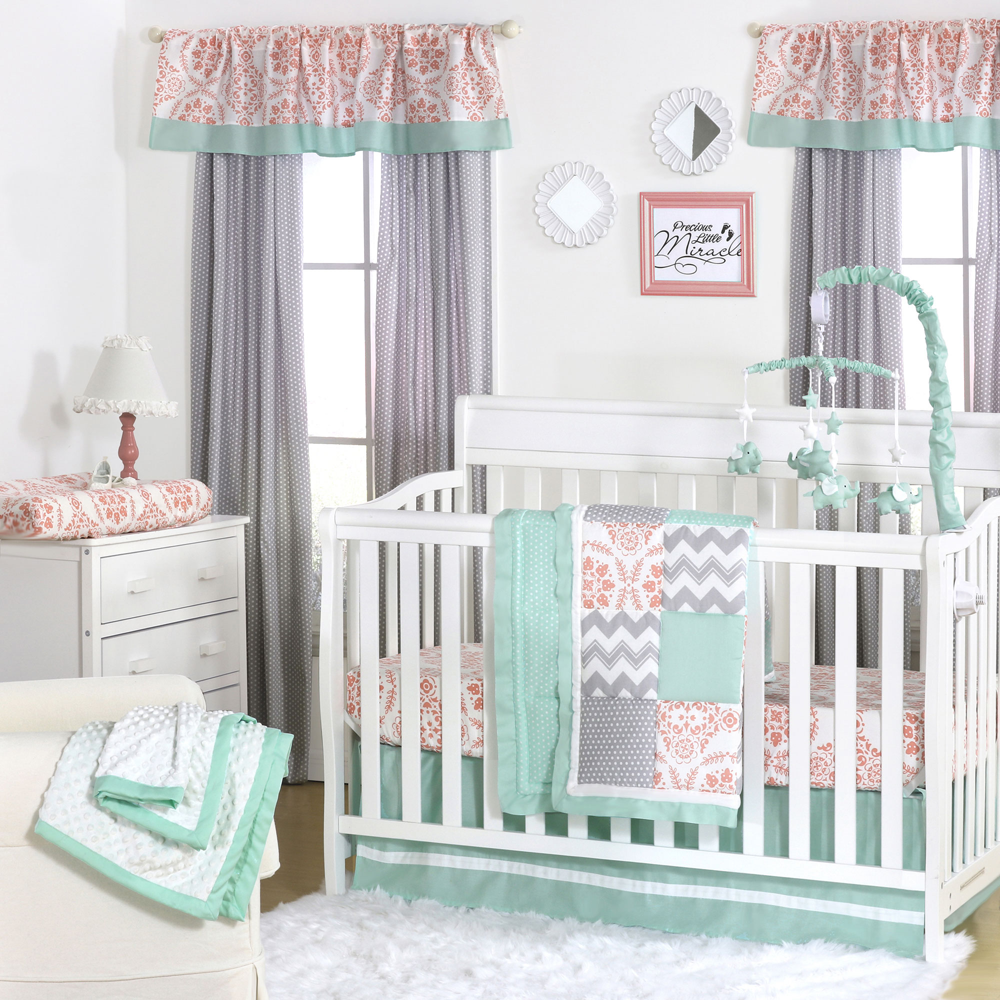 Details about Mint, Coral and Grey Patchwork 3 Piece Baby Crib Bedding Set  by The Peanut Shell
