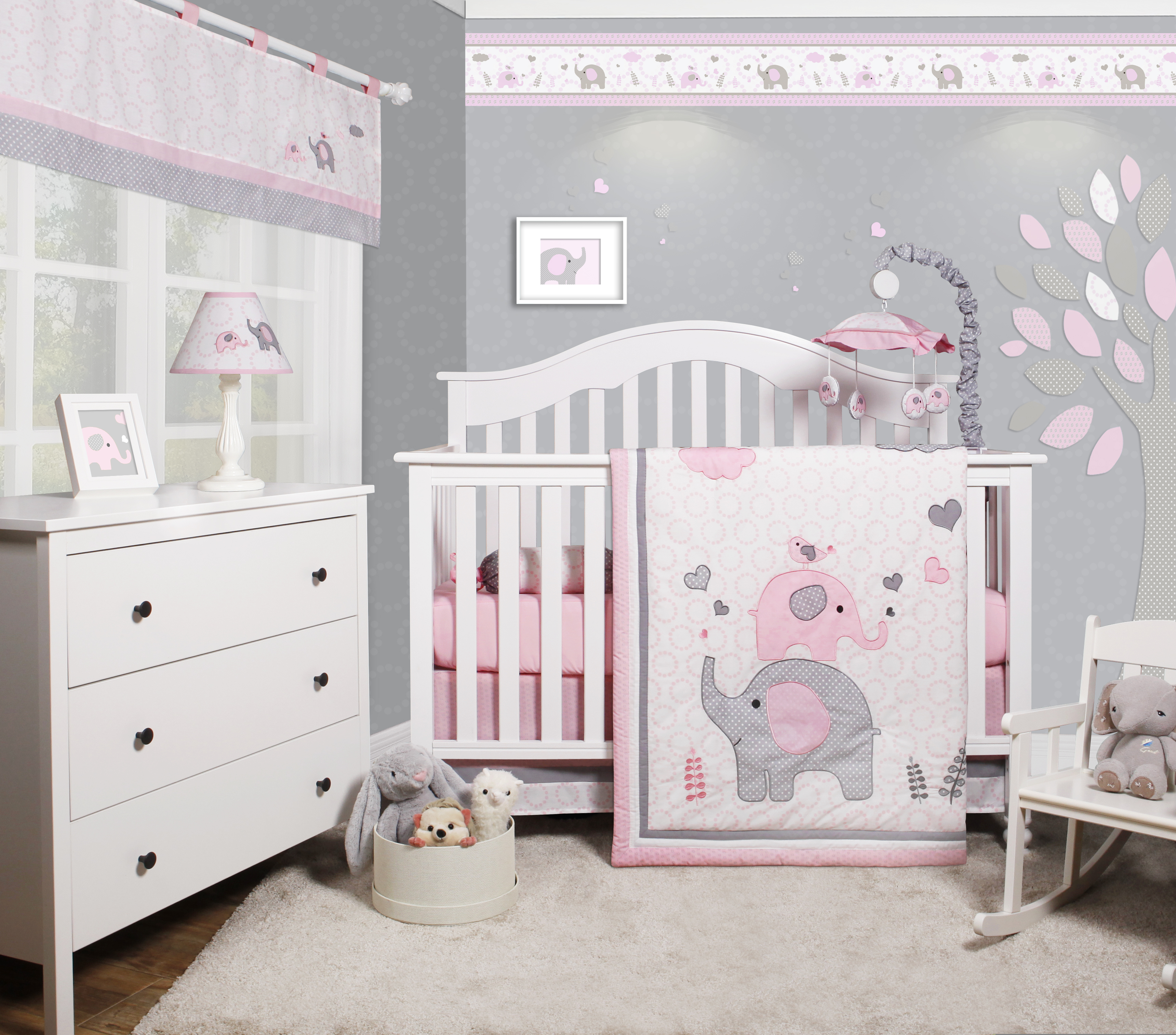 OptimaBaby Pink Grey Elephant 6 Piece Baby Girl Nursery Crib Bedding Set  Image 1 of 1
