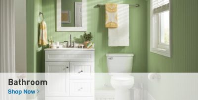 Bathroom with light green walls and a white vanity, mirror and toilet.