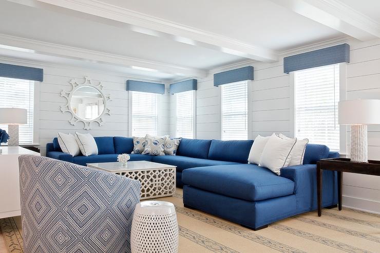 Blue Sectional with White Coffee Table
