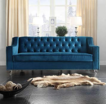 Traveller Location: Iconic Home Dylan Modern Tufted Navy Blue Velvet Sofa with  Silver Nail Head Trim & Round Acrylic Feet: Kitchen & Dining