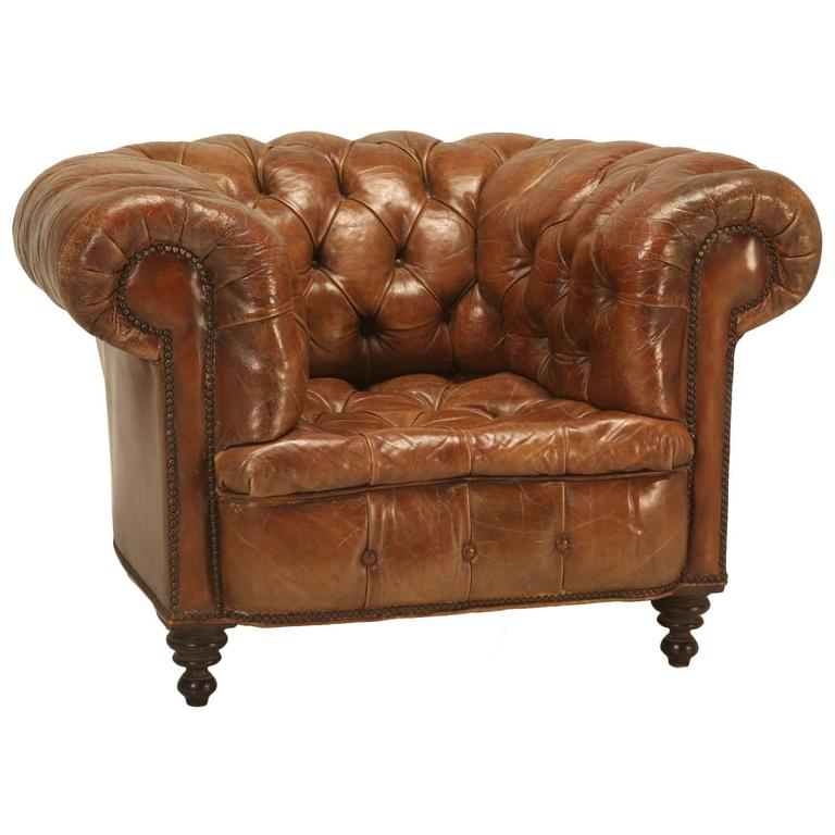 Antique Chesterfield Chair in Original Leather For Sale