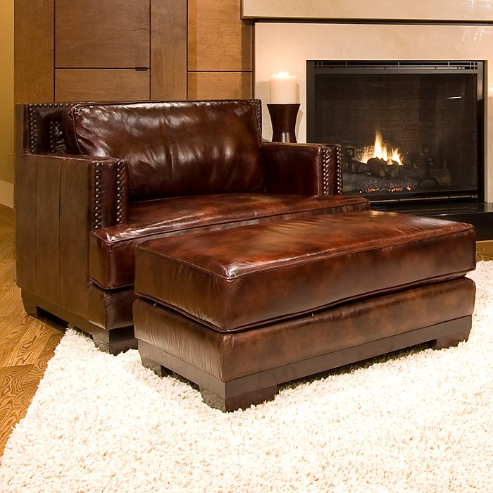 Davis Leather Club Chair and Ottoman in Saddle Brown