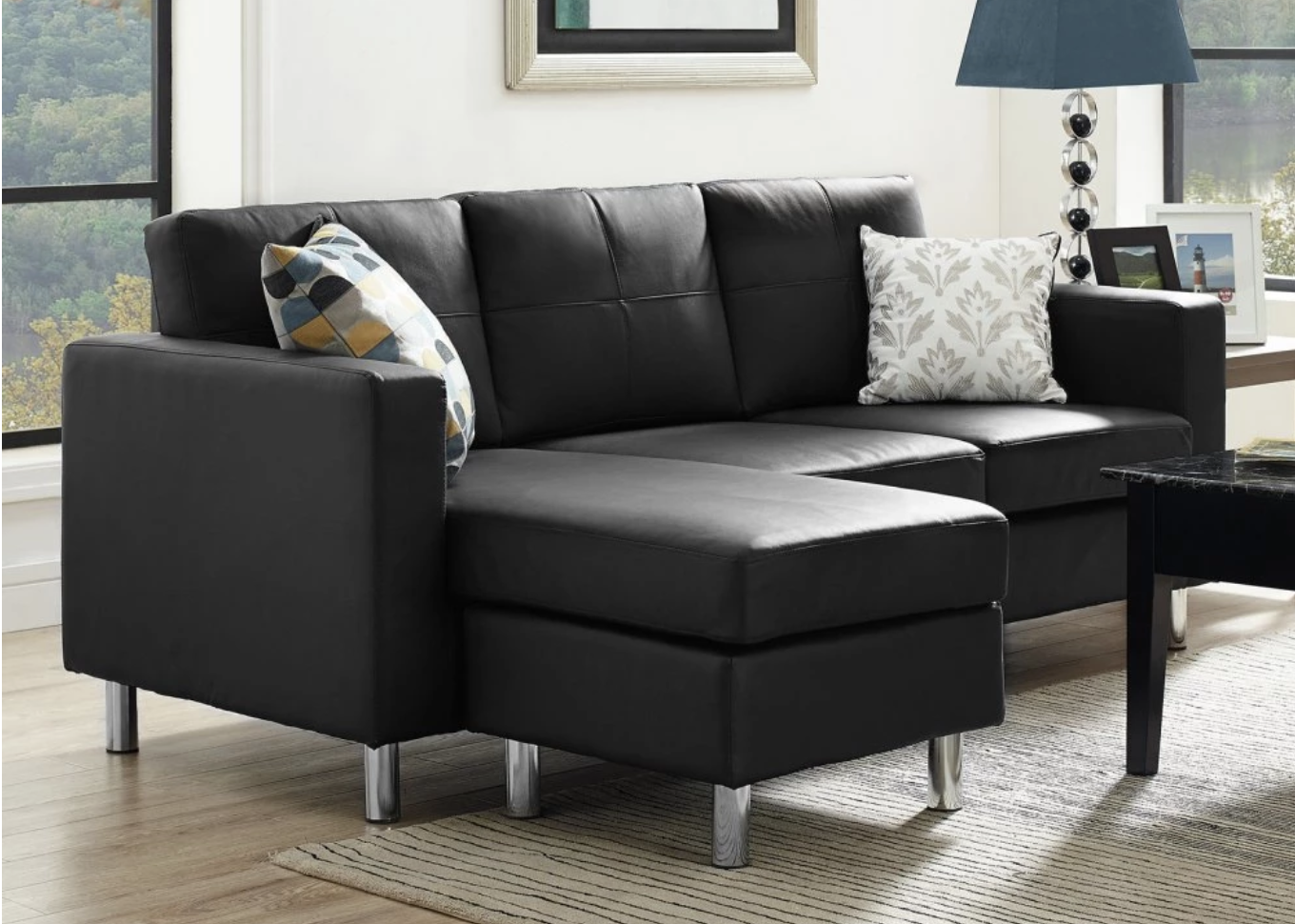 Space saving black sectional sofa for small spaces