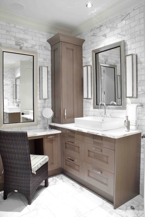 Design Galleria: Custom sink vanity built into corner of bathroom. Lower  make up area with silver leafed  | luxury modern bathrooms | Pinterest