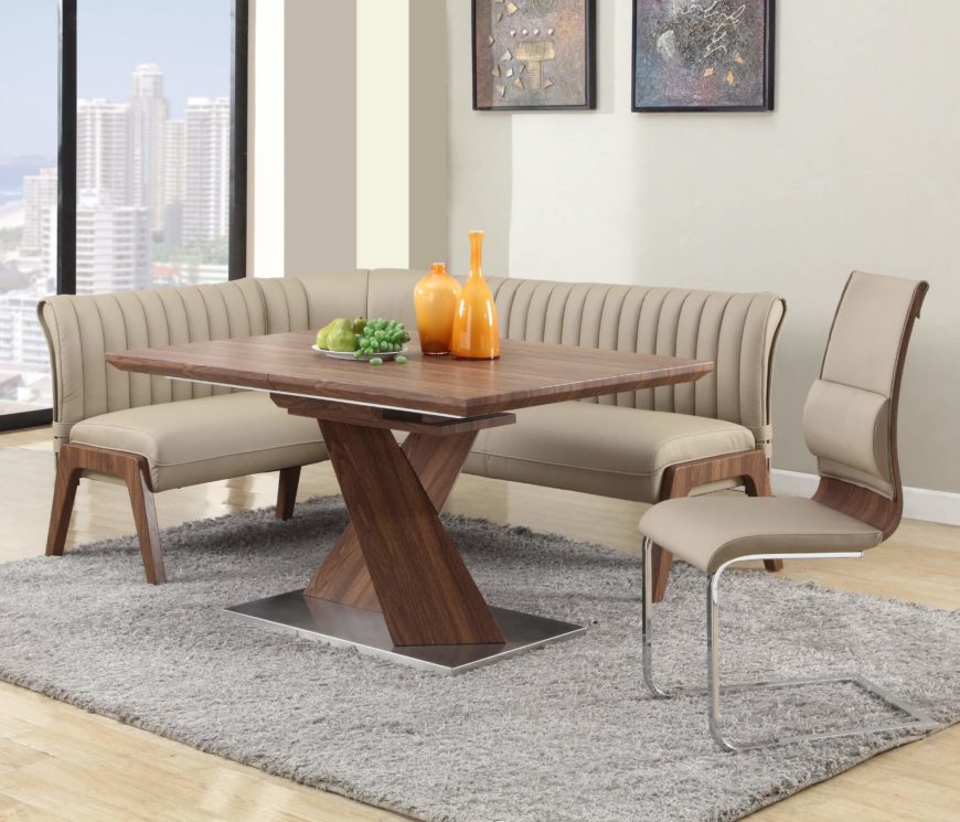 This relatively compact corner dining set combines rich hardwood  construction and walnut finish with sleekly cushioned