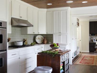 White Transitional Kitchen With Gray Subway Tile Backsplash