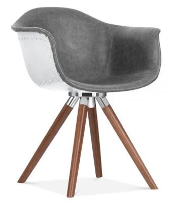 Juno B Designer Chair In Grey Leather With Walnut Legs Front Angle View