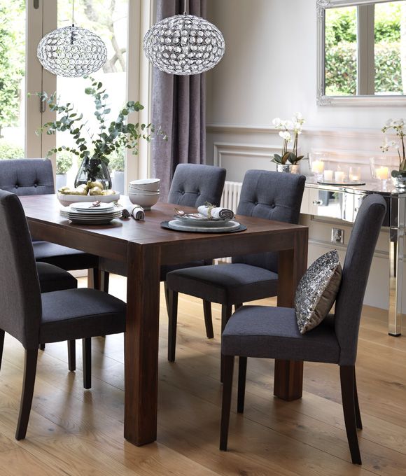 Home Dining Inspiration Ideas. Dining room with dark wood dining table and  grey upholstered dining chairs.