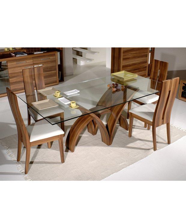 Dream Furniture Teak Wood 6 Seater Luxury Rectangle Glass Top Dining Table  Set Brown