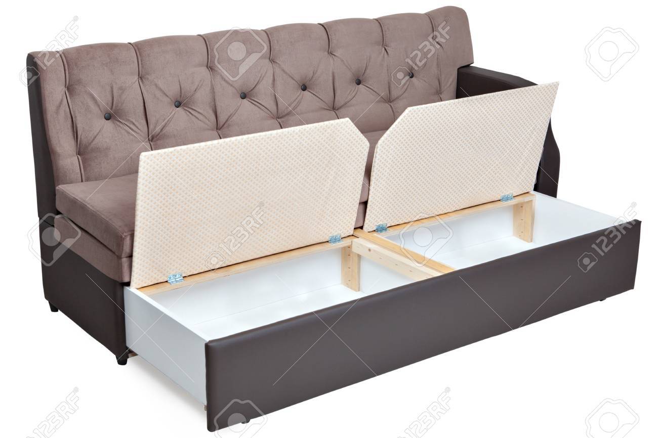 Folding sofa bed couch with storage space, isolated on white background,  saved path selection