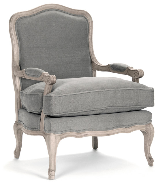 French Country Bastille Dark Gray Linen Salon Armchair - Traditional