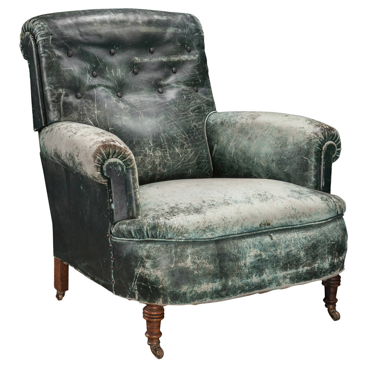Weathered Green Leather Armchair For Sale