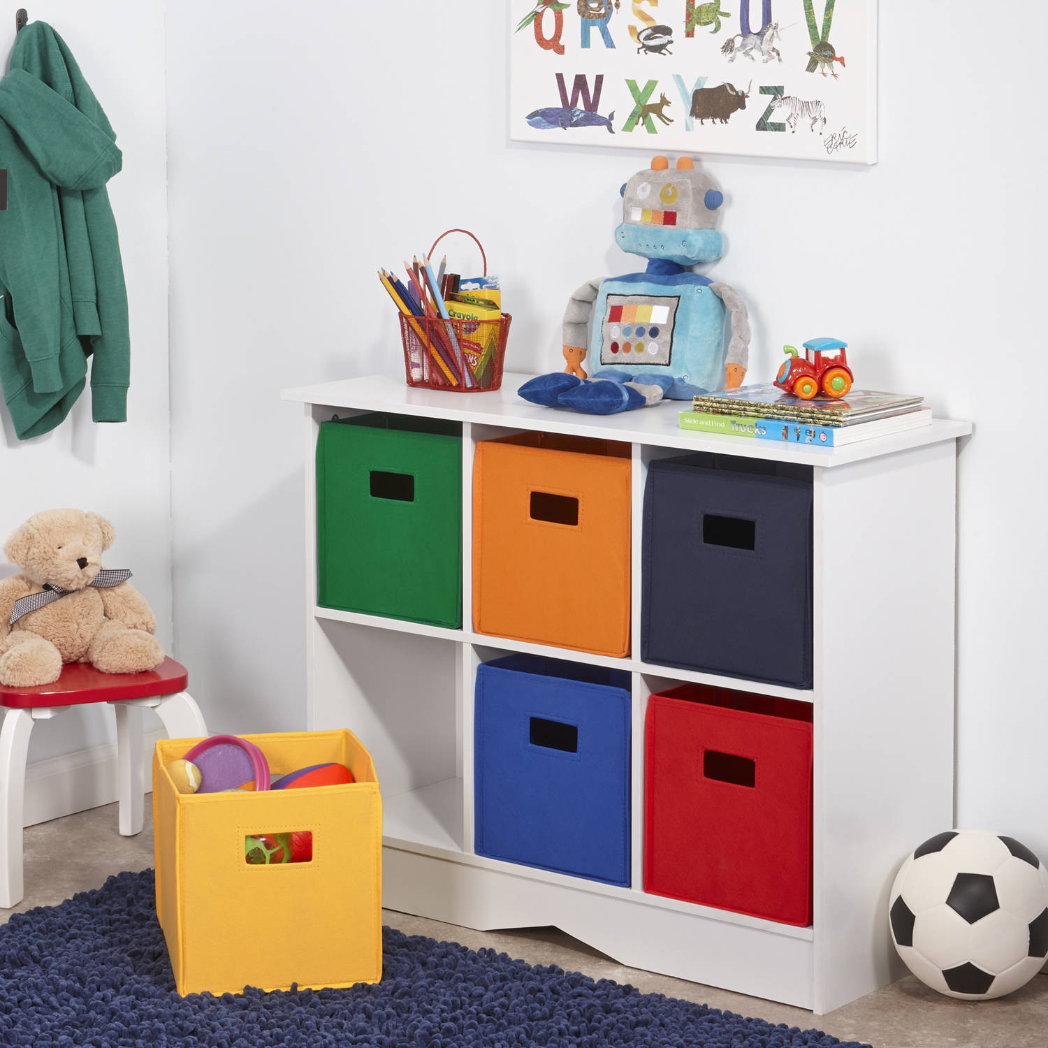 New Kids Playroom Nursery Storage Cabinet with 6 Bins, White and Primary  Tones