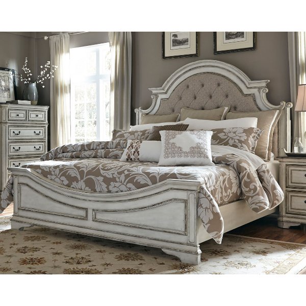 Antique White Traditional Upholstered King Size Bed - Magnolia Manor