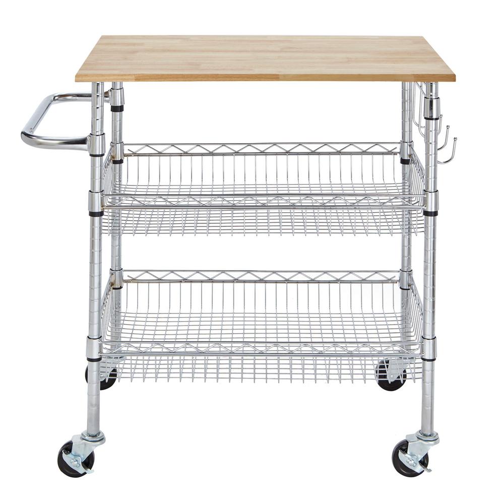 StyleWell Gatefield Chrome Large Kitchen Cart with Rubber Wood Top