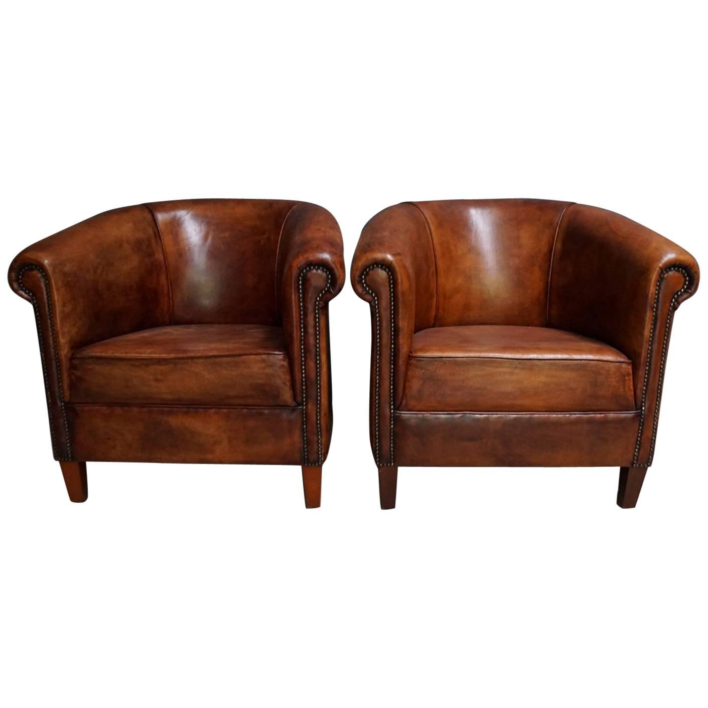 Vintage Dutch Cognac Leather Club Chairs, Set of Two For Sale