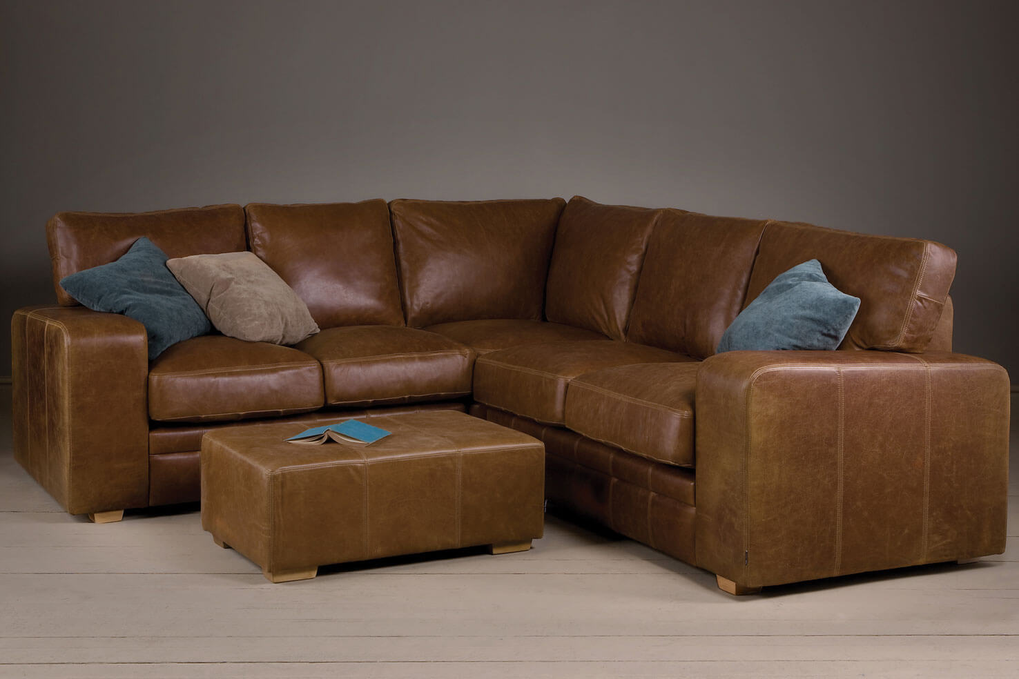 Broad Arm Leather Corner Sofa with a footstool