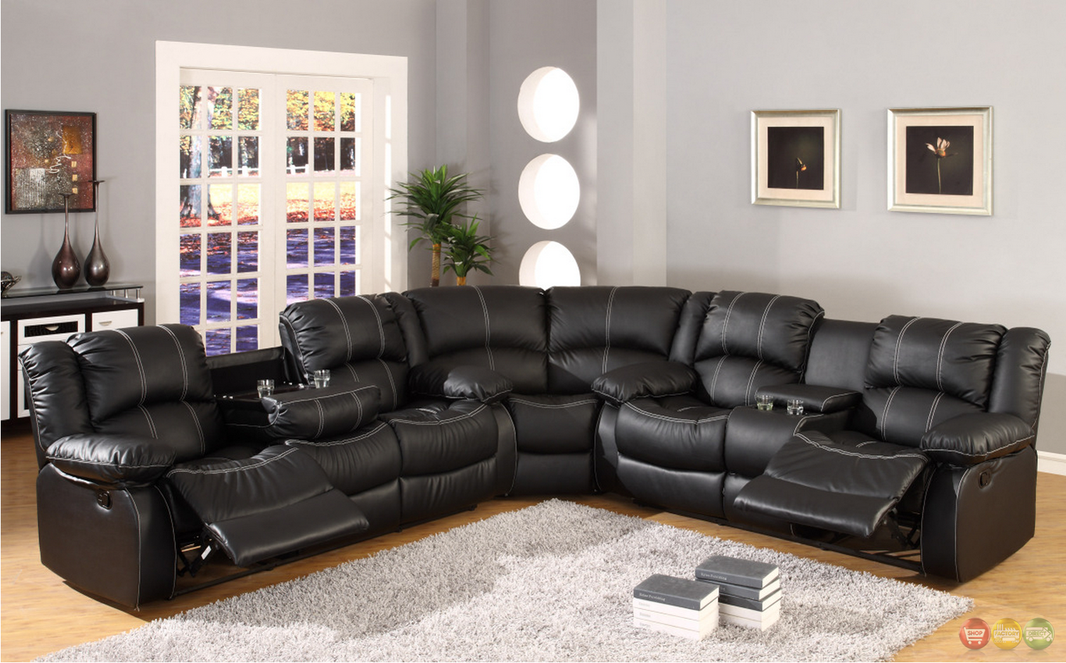 Black Faux Leather Reclining Motion Sectional Sofa w/ Storage Console