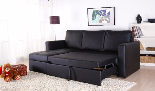 Black Faux Leather Sectional Sofa Bed with Left Facing Storage Chaise