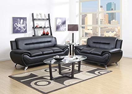 GTU Furniture Contemporary Bonded Leather Sofa & Loveseat Set, 2 Piece Sofa  Set (BLACK
