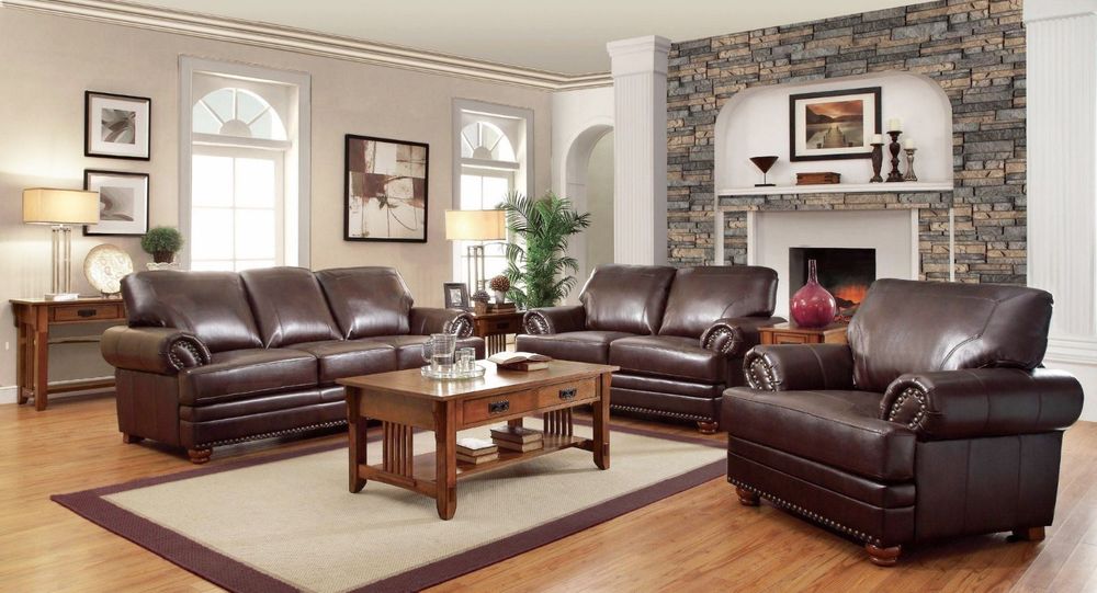 Traditional Brown Bonded Leather Sofa & Loveseat Living Room Set NailHead  Trim | eBay