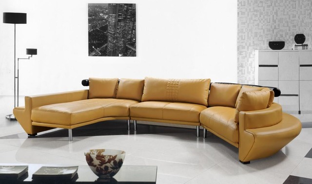 Contemporary Curved Sectional Sofa in Mustard Leather modern-living-room