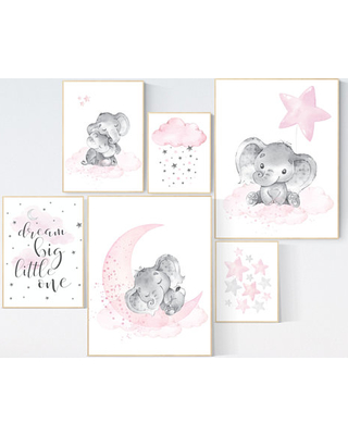 Nursery wall art girl elephant, pink and gray, nursery decor girl pink,  dream