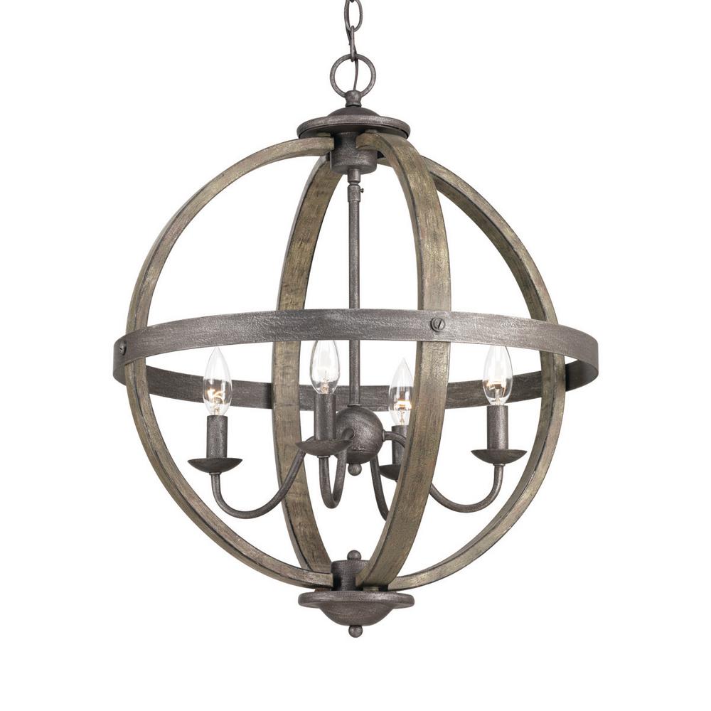 4-Light Artisan Iron Orb Chandelier with Elm Wood Accents
