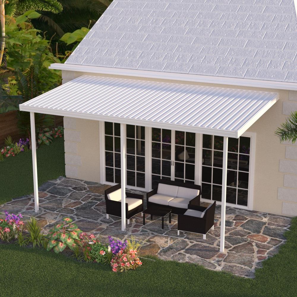 White Aluminum Attached Solid Patio Cover with 3 Posts (10 lbs. Live Load)