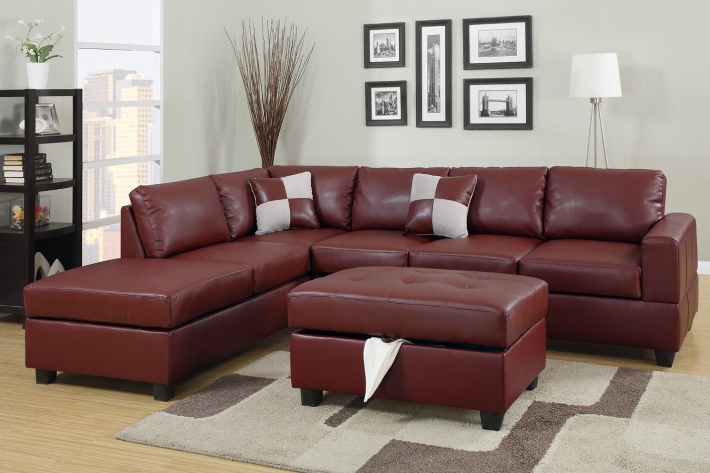 Red Leather Sectional Sofa and Ottoman - Steal-A-Sofa Furniture Outlet Los  Angeles CA