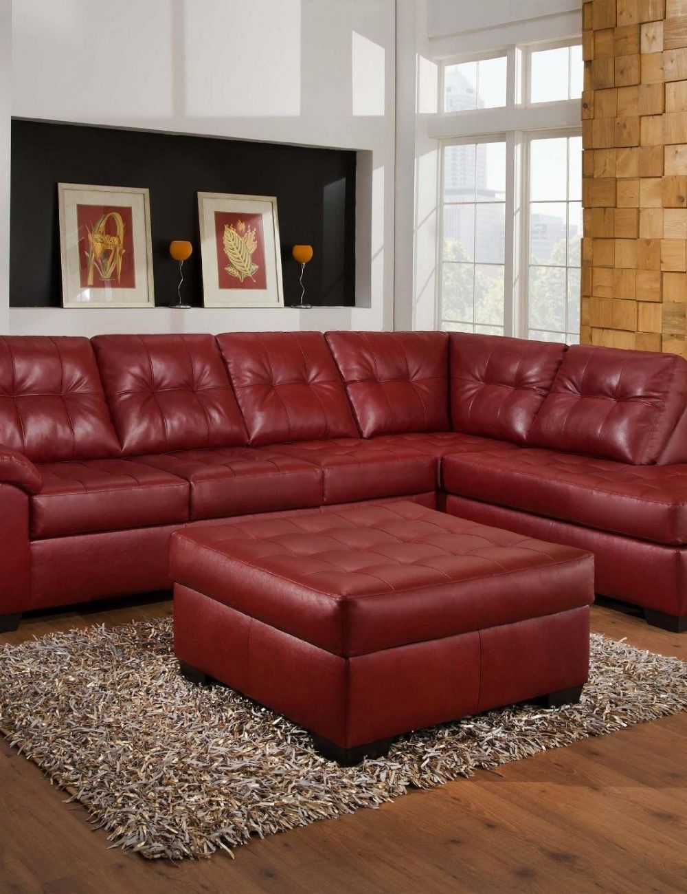 Red leather sectional sofa with ottoman
