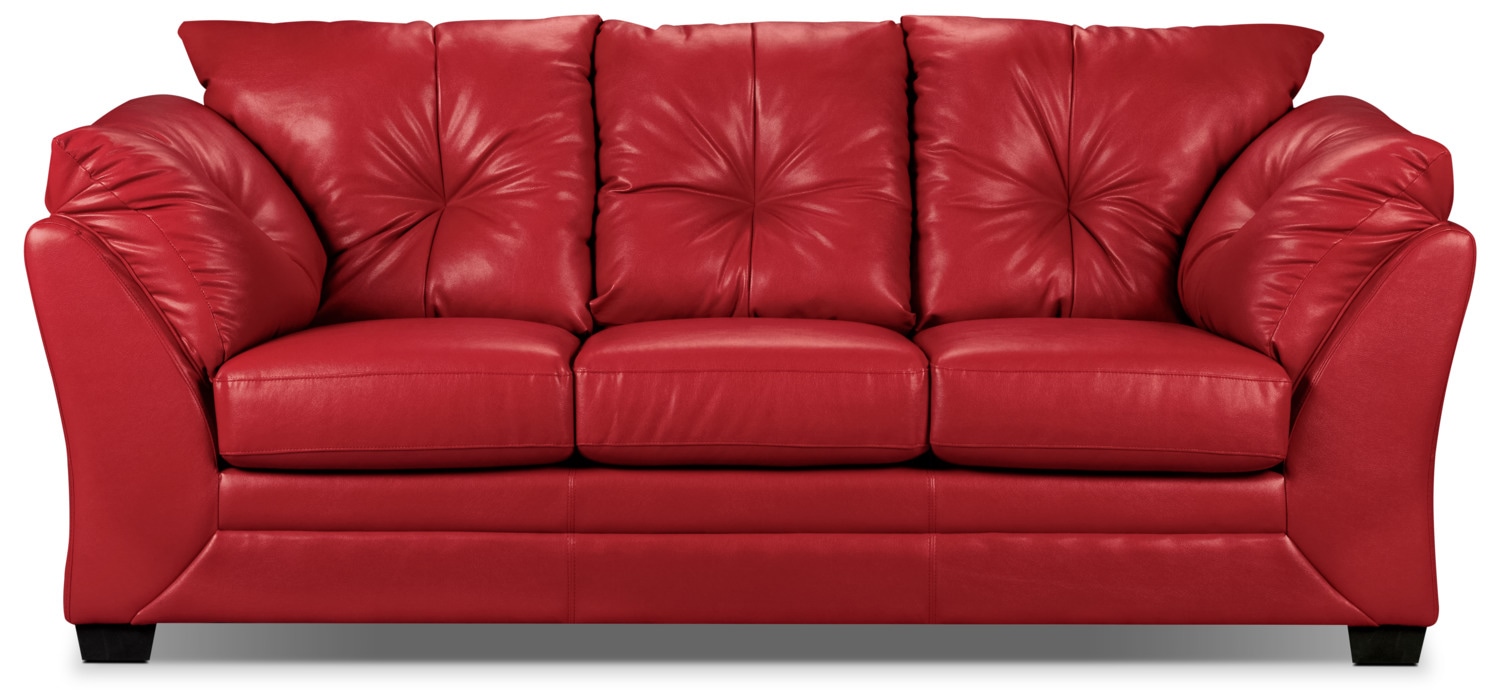 gallery phone of red faux leather sofa