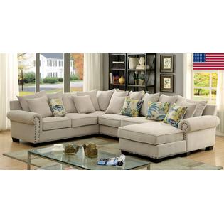Furniture of America SKYLER Living Room Sectional Sofa Chaise Ivory Padded  Chenille Fabric Beautiful Rolled Arms