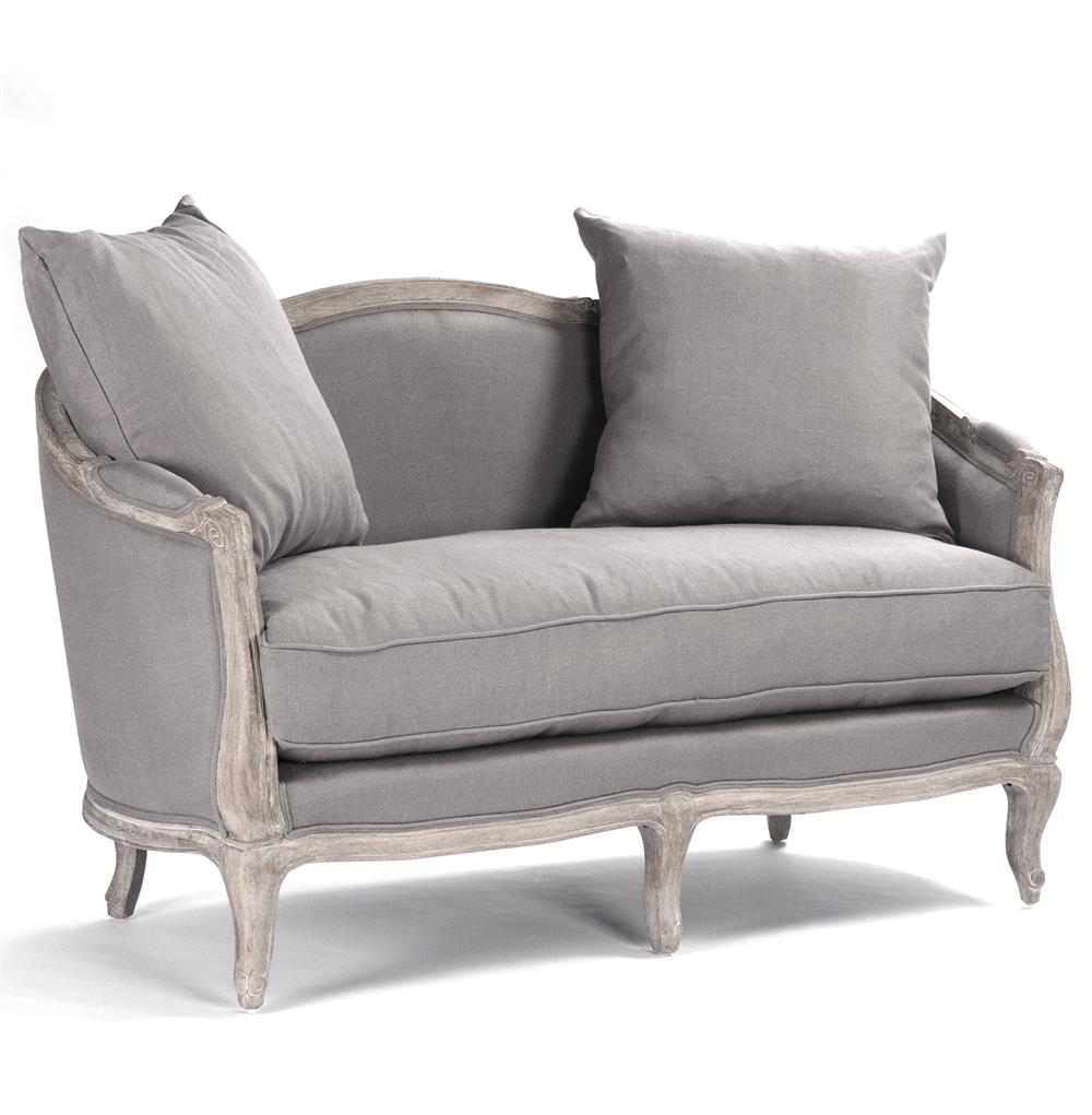 Rue du Bac French Country Grey Linen Feather Settee Loveseat | Kathy Kuo  Home