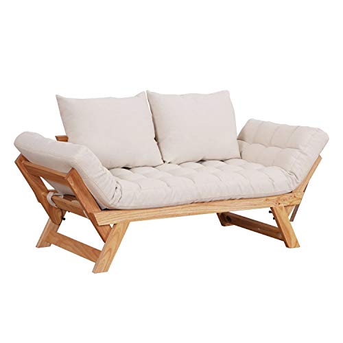 HOMCOM 3 Position Convertible Chaise Lounge Sofa Bed - Natural Wood/Cream  White
