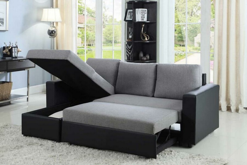 CST503929 2 pc Everly collection contemporary style grey fabric / black  vinyl upholstered sleeper sectional sofa
