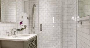 Example of a small transitional master white tile and subway tile mosaic  tile floor alcove shower